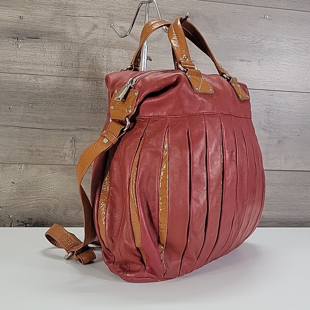Large Cynthia Rowley Red/Tan Pleated Leather Tote Bag - Picture 2 of 13